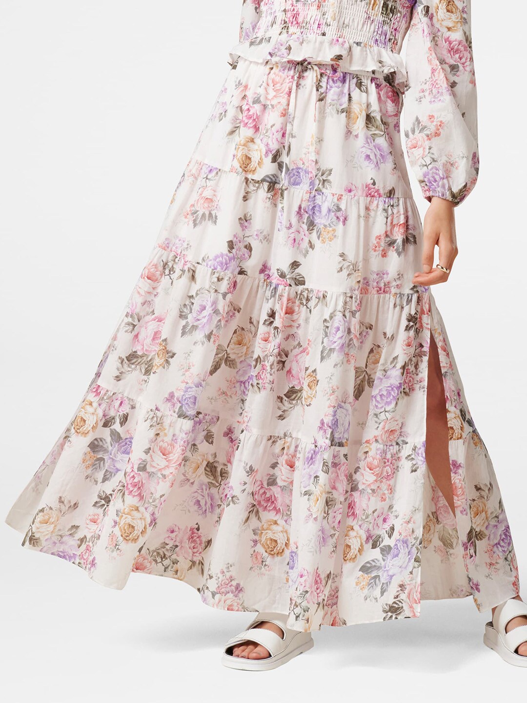

Forever New White & Pink Printed Pure Cotton Tiered Maxi Skirt