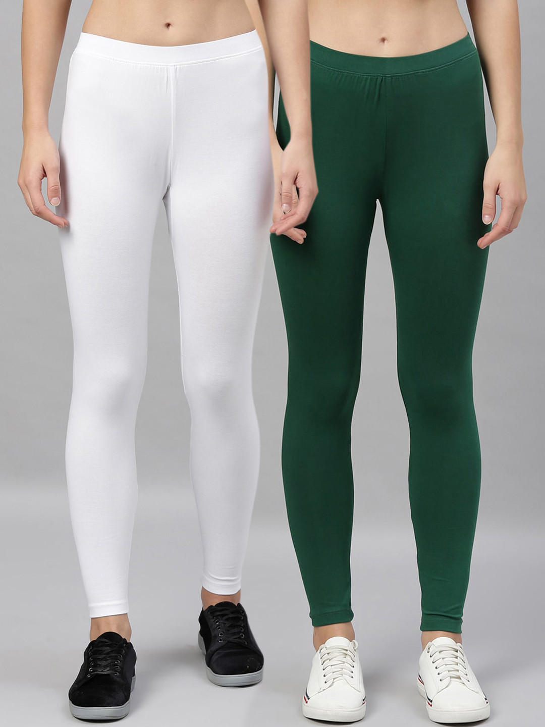 

Kryptic Women Pack Of 2 Green & White Solid Ankle-Length Leggings