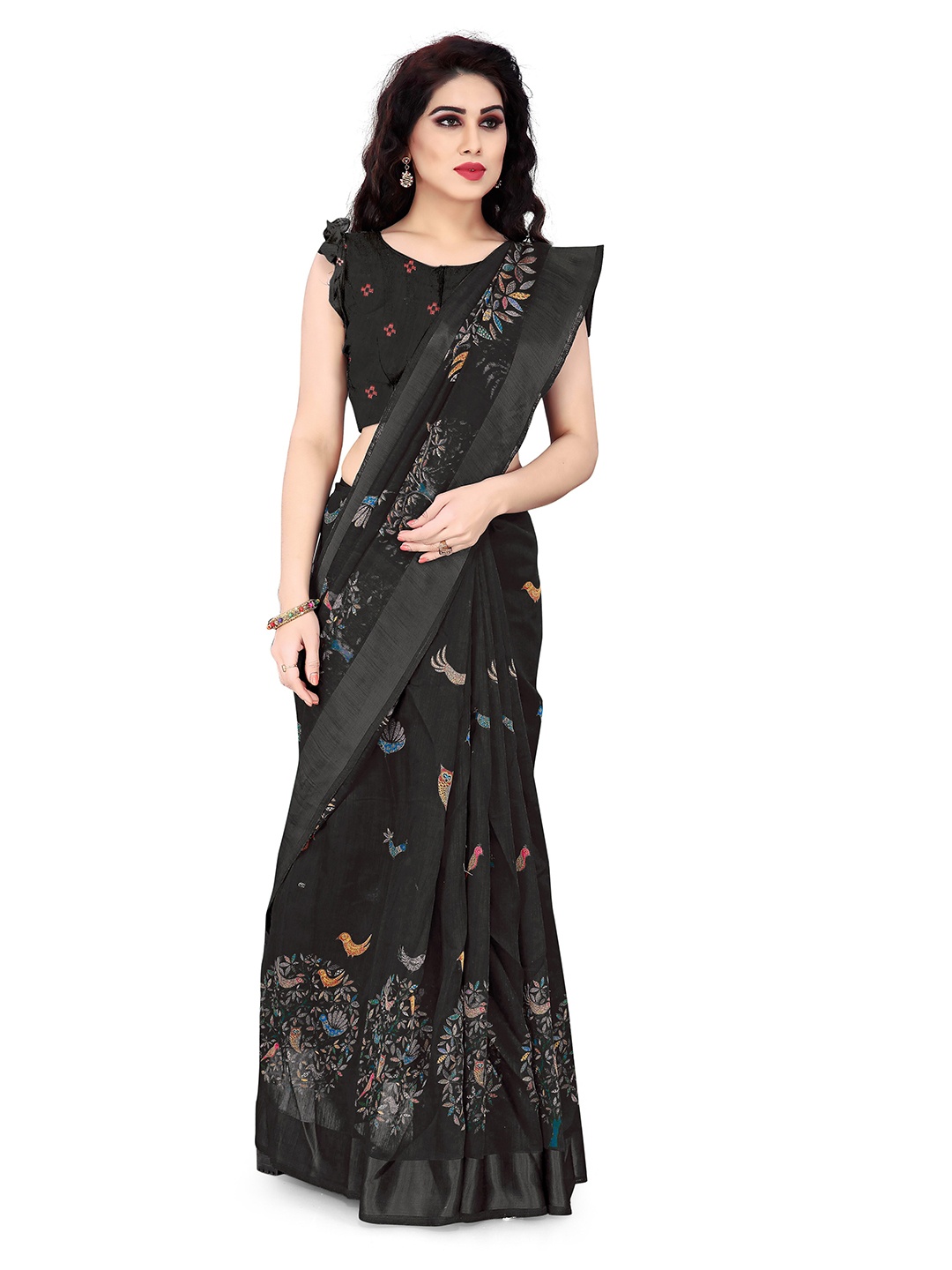 

KALINI Women Black & Multicolor Block Print Poly Cotton Saree