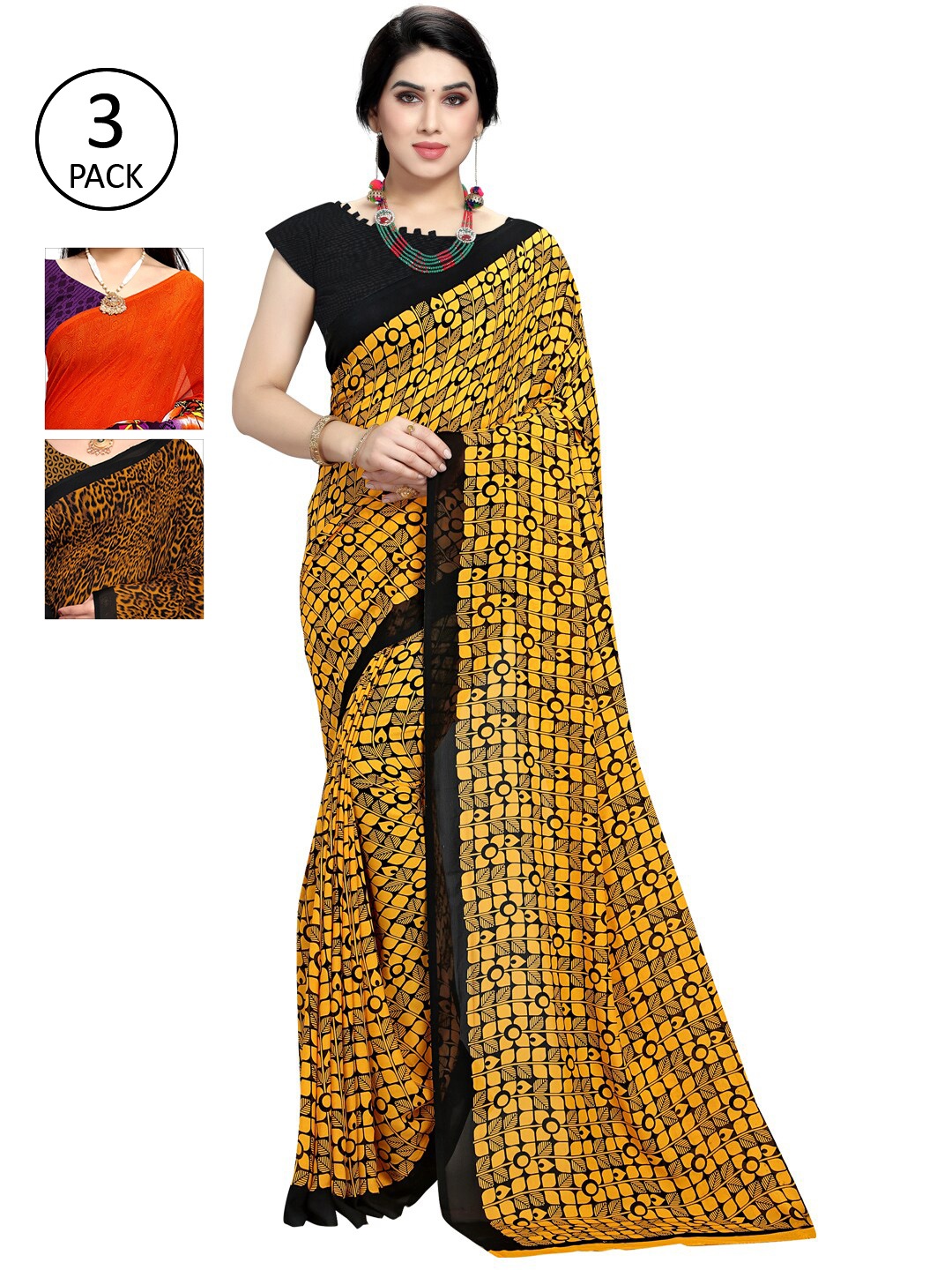 

KALINI Pack of 3 Printed Poly Georgette Sarees, Multi