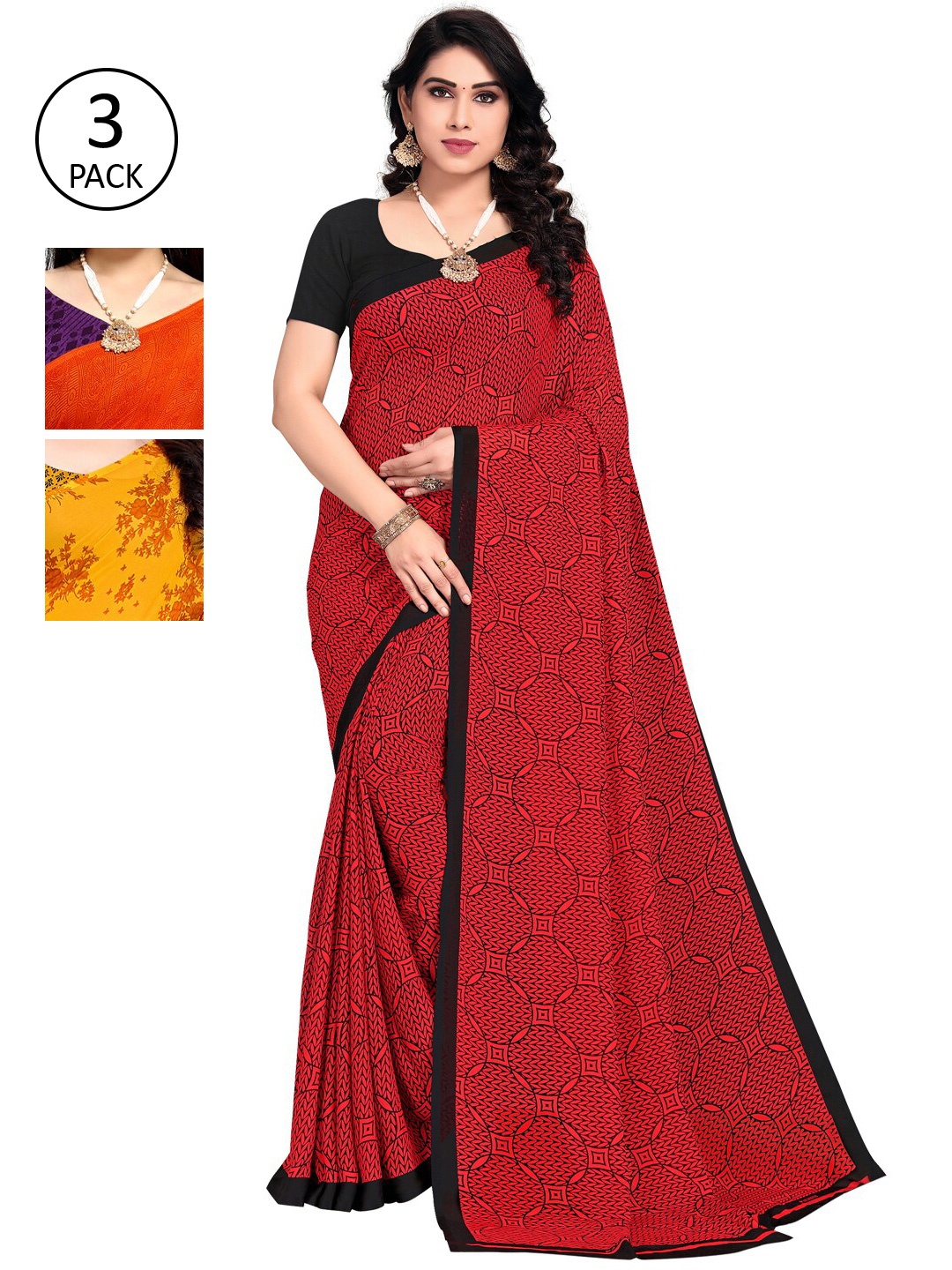 

KALINI Pack of 3 Poly Georgette Saree, Orange