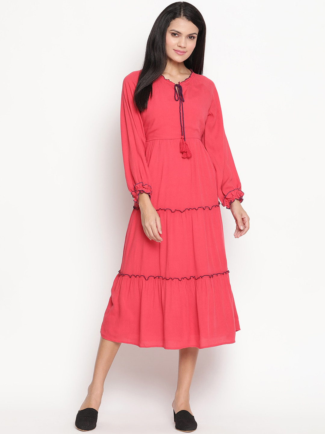 

HOUSE OF KKARMA Pink Tie-Up Neck A-Line Midi Dress