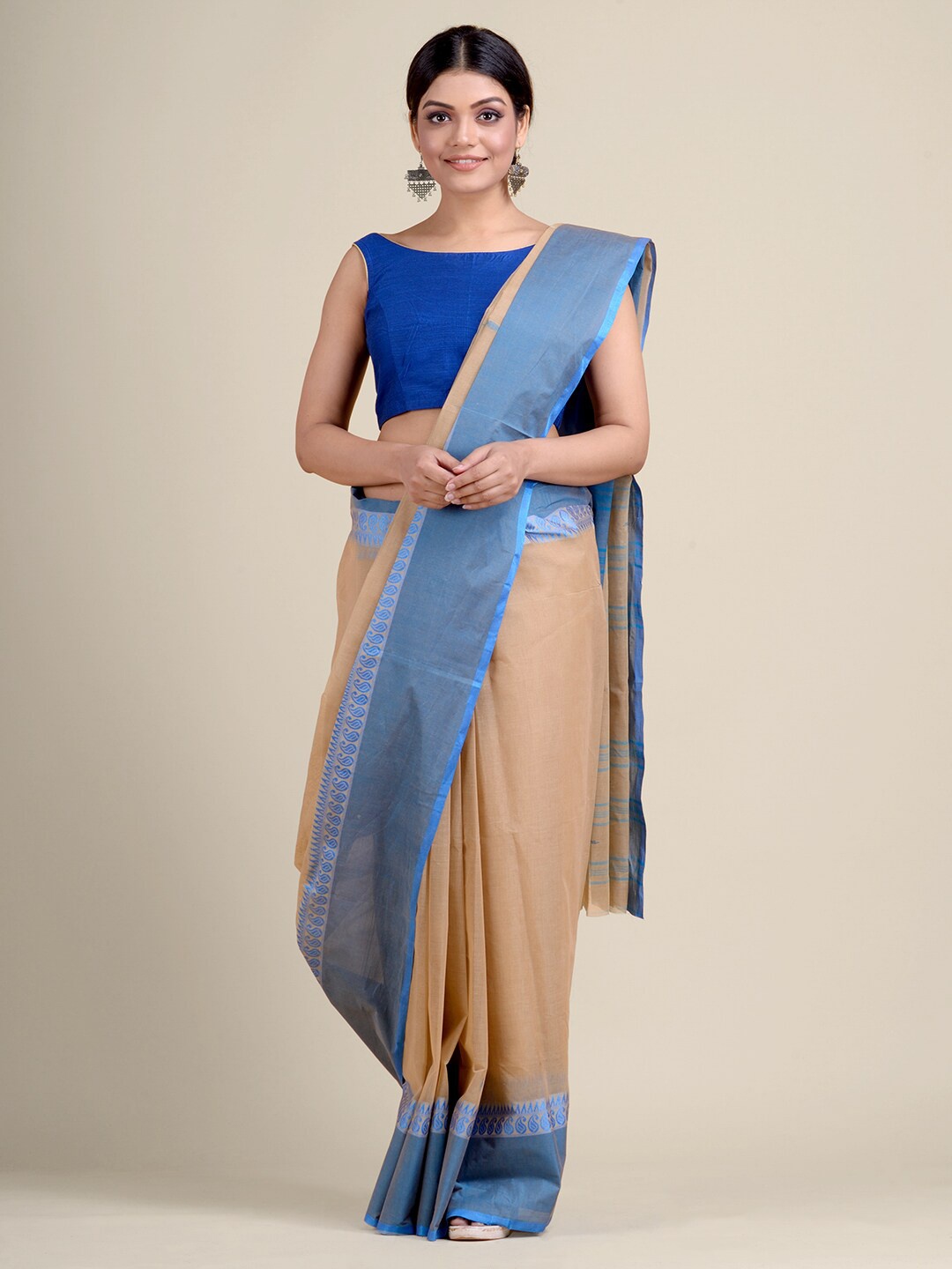 

Charukriti Beige & Blue Pure Cotton Handloom Taant Saree