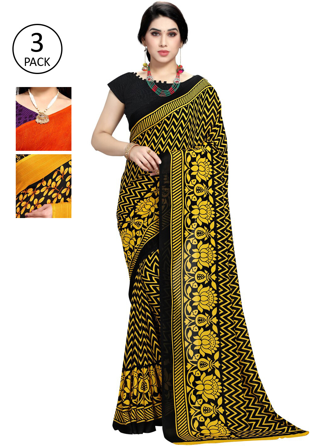 

KALINI Pack of 3 Yellow & Orange Poly Georgette Saree