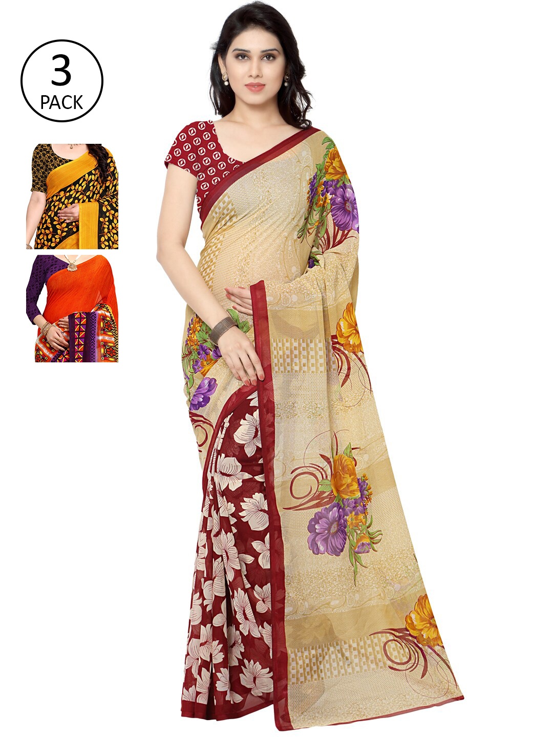

KALINI Pack of 3 Yellow & Orange Floral Saree