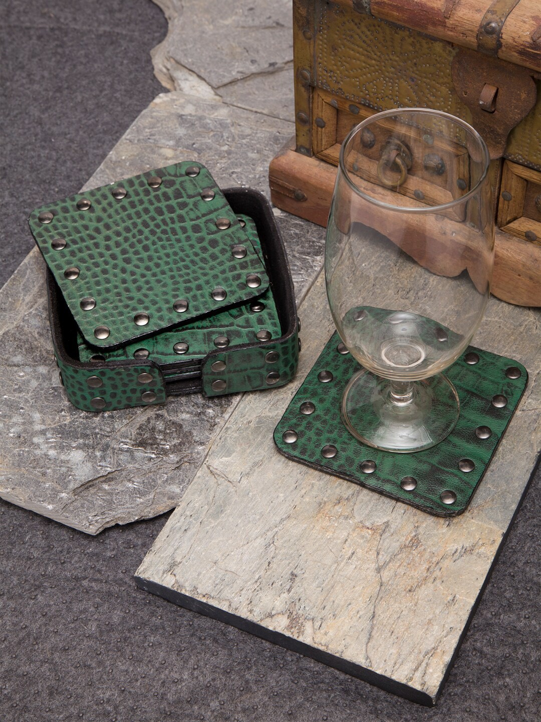 

IMUR Set Of 6 Green & Black Printed Coasters