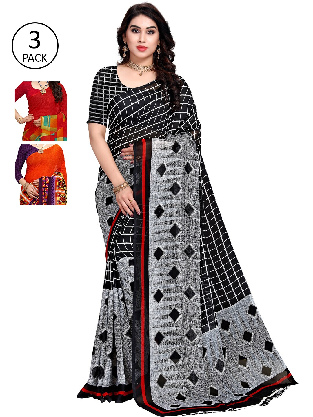 

KALINI Pack of 3 Black & Grey Saree