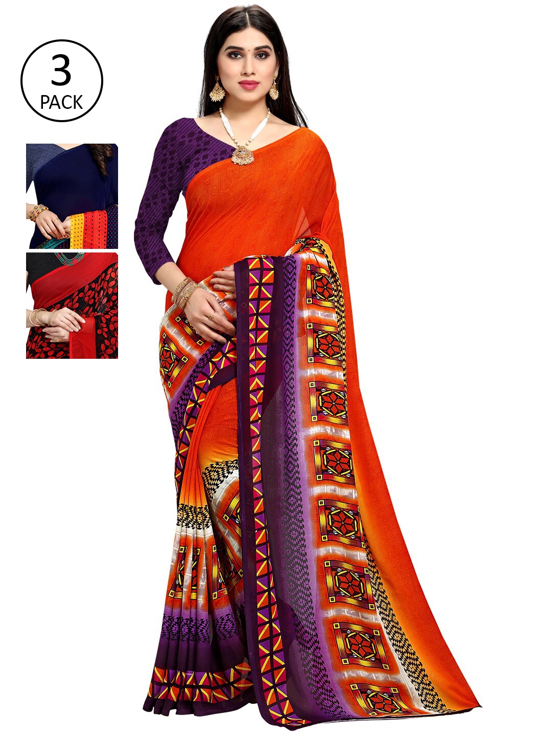 

KALINI Pack of 3 Orange & Red Saree