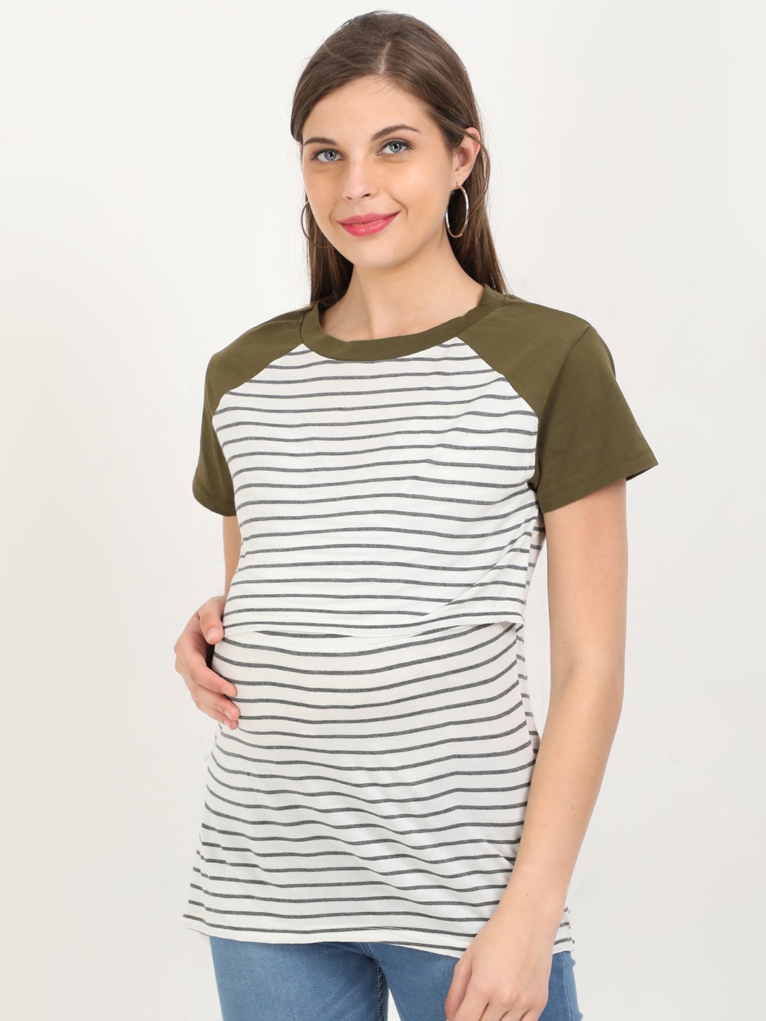 

The Mom Store Maternity Olive Green & White Striped Regular Top