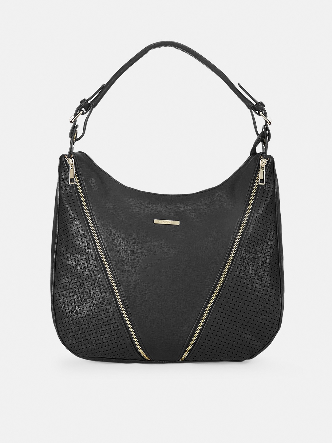 

Forever Glam by Pantaloons Women Black Leather Structured Hobo Bag with Cut Work