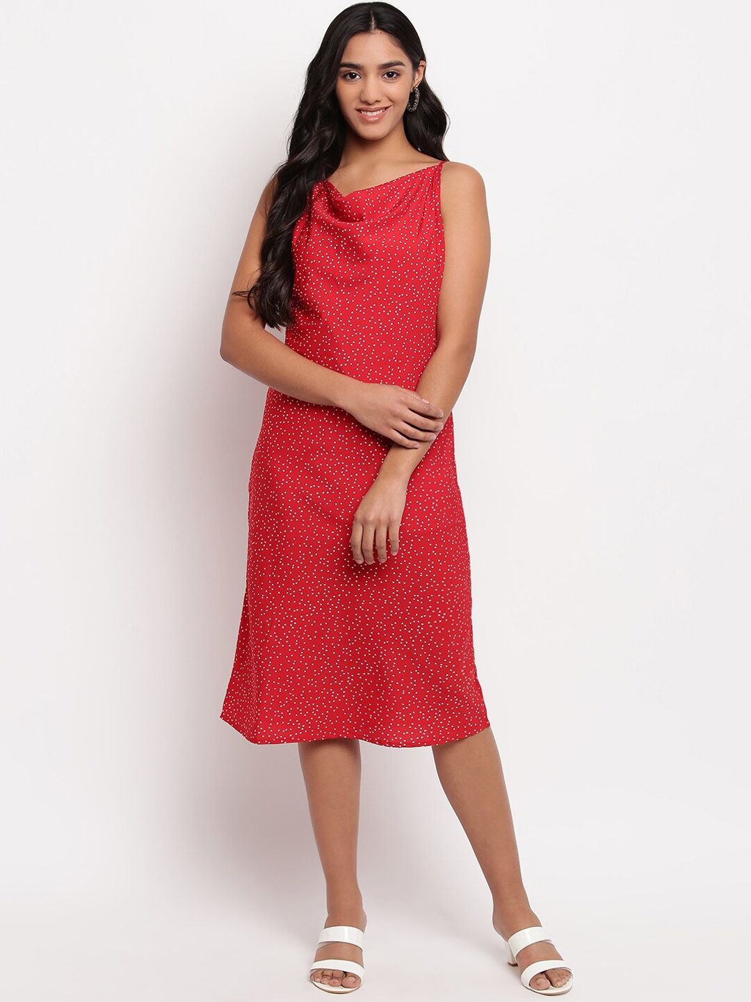 

OTORVA Red & White Cowl Neck Crepe A-Line Midi Dress