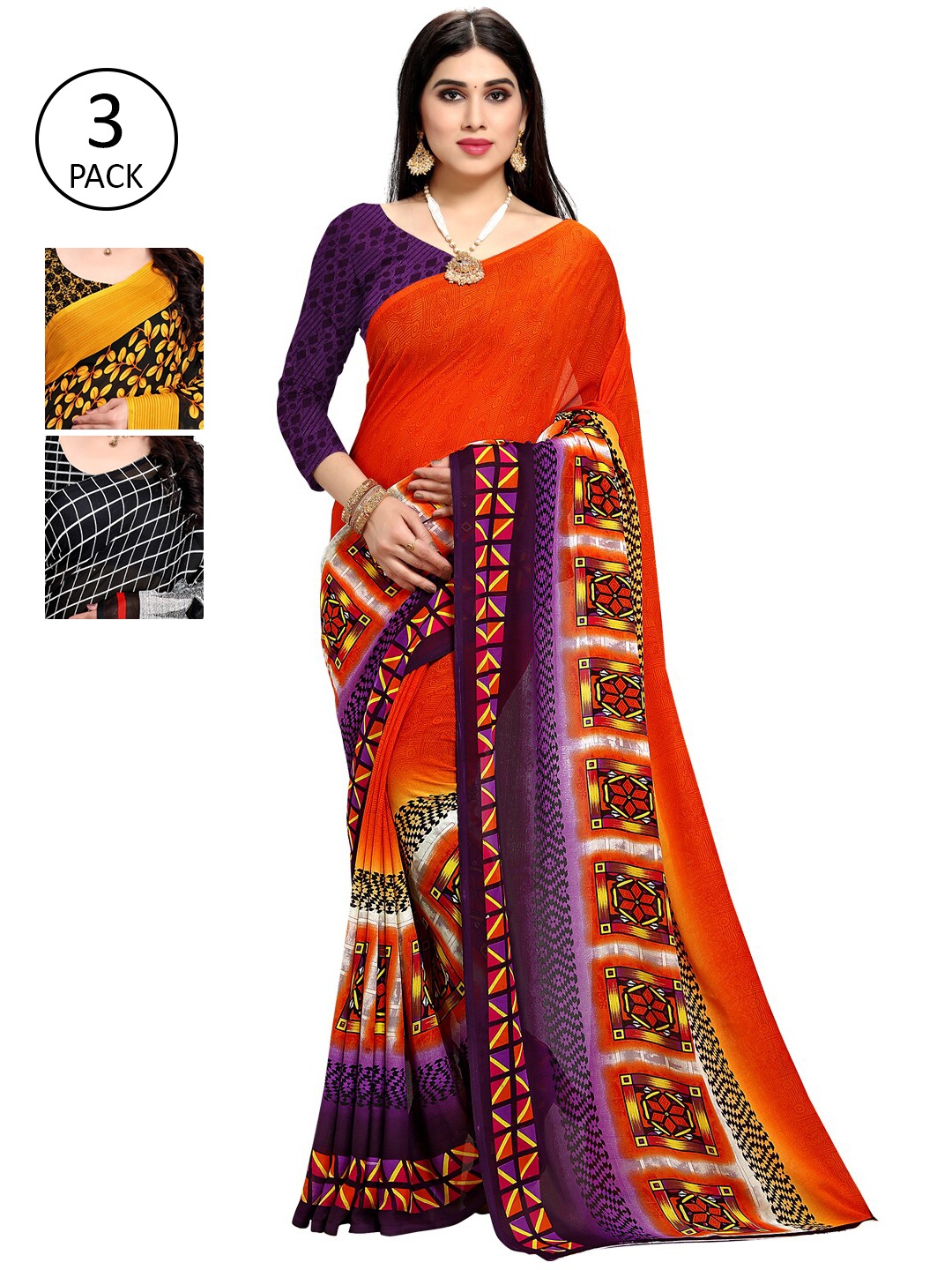 

KALINI Pack of 3 Orange & Yellow Poly Georgette Sarees