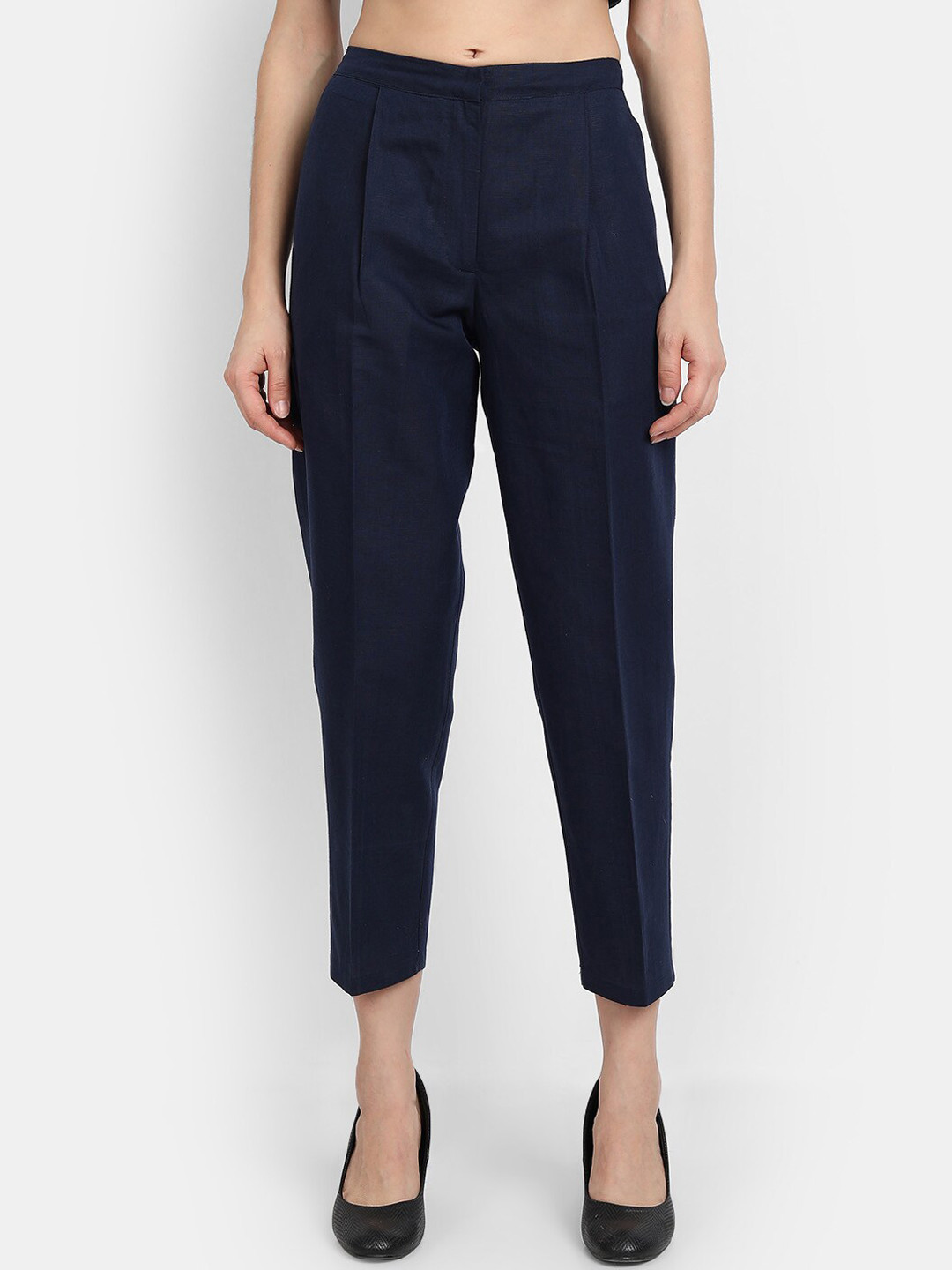 

LY2 Women Navy Blue Loose Fit Peg Linen Trousers