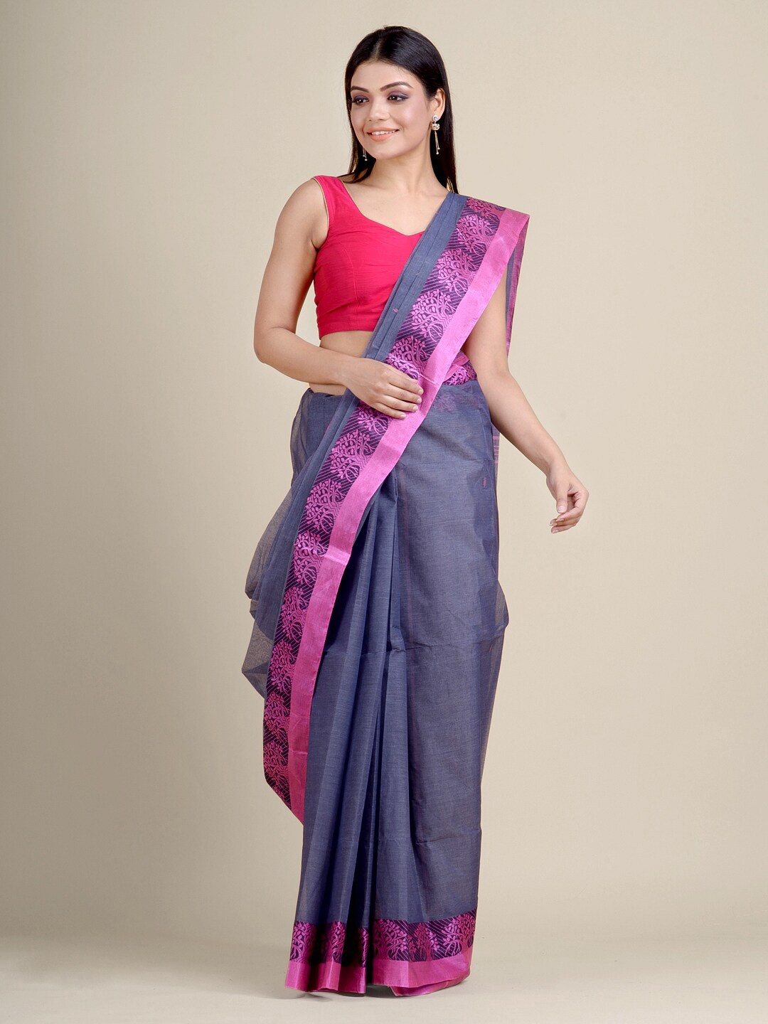 

Charukriti Navy Blue & Pink Ethnic Motifs Pure Cotton Handloom Taant Saree
