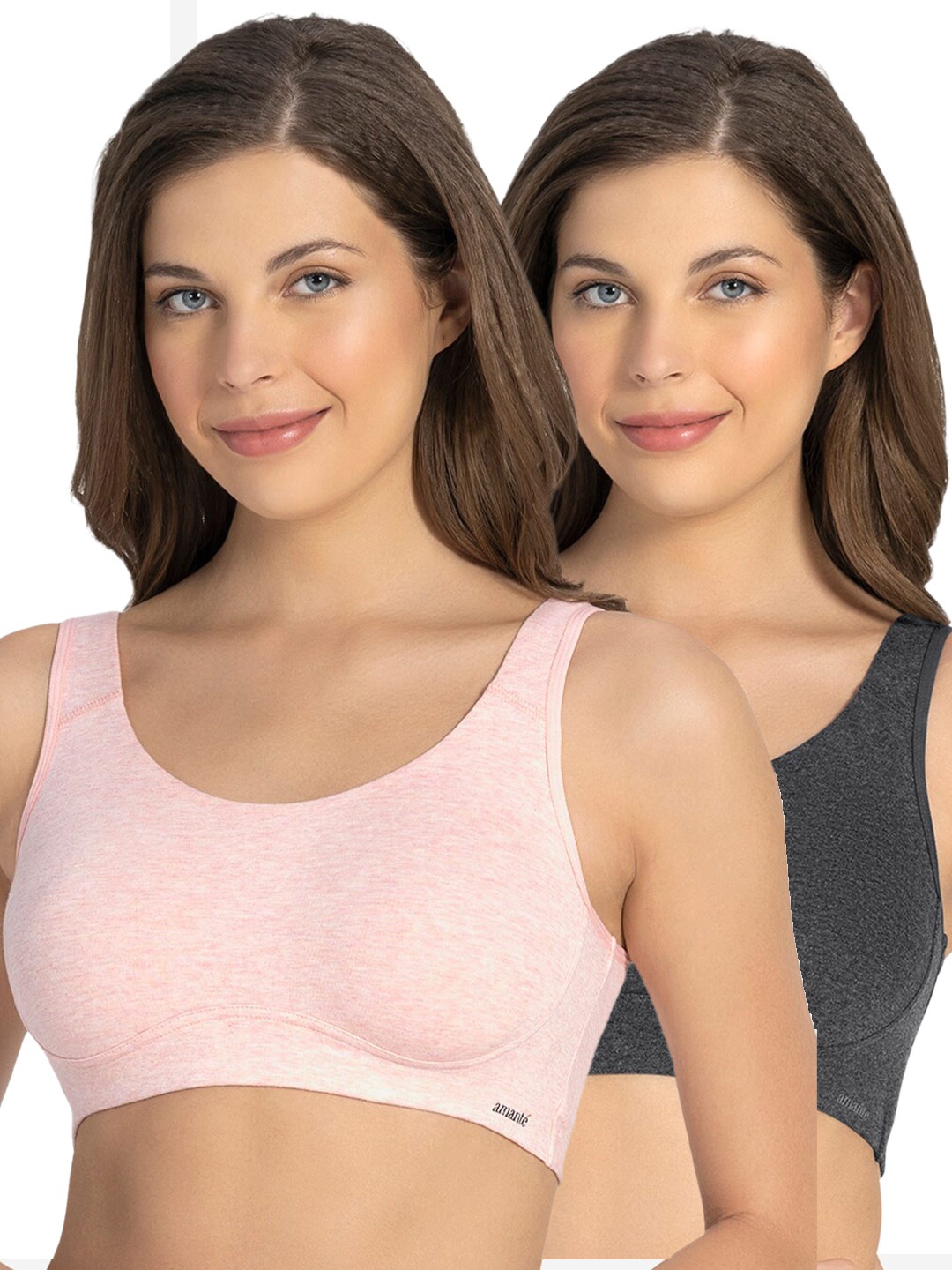 Amante Solid Pack of 2 Non Padded Wirefree All Day Lounge Cami Bra BRA78802, Charcoal