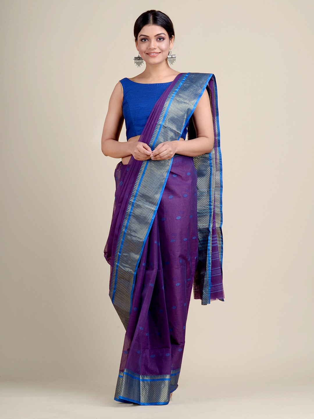 

Charukriti Purple & Blue Ethnic Motifs Pure Cotton Handloom Taant Saree