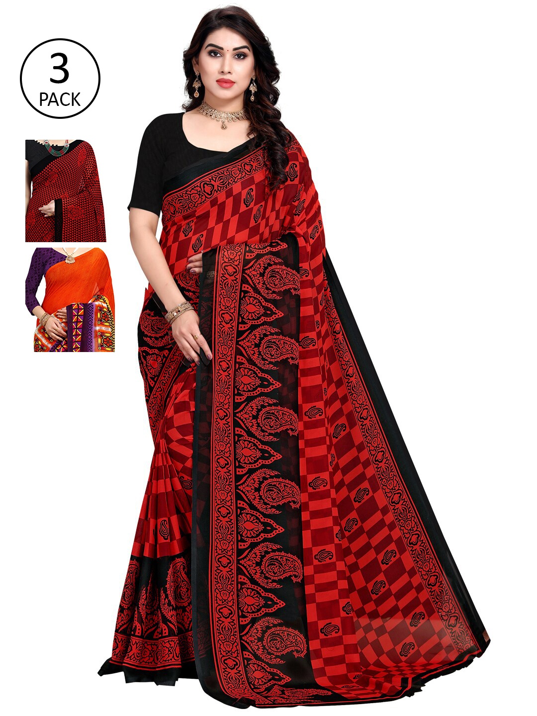 

KALINI Pack of 3 Red & Orange Floral Saree
