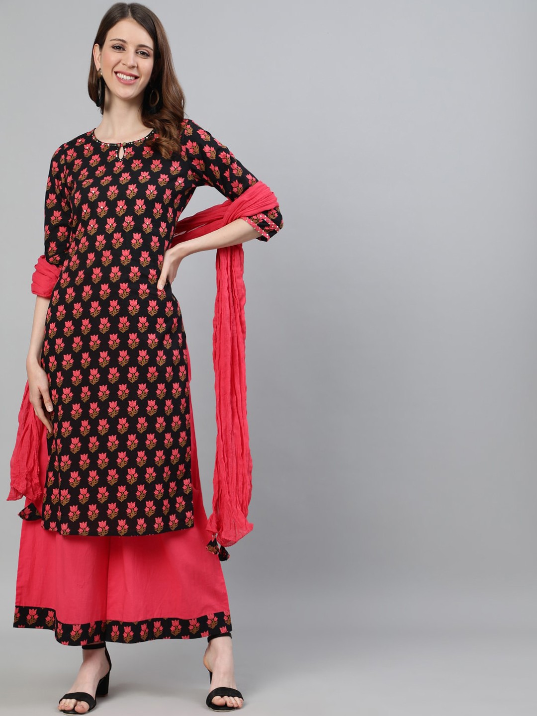 

Jaipur Kurti Women Black Ethnic Motifs Printed Pure Cotton Kurta with Palazzos & With Dupatta