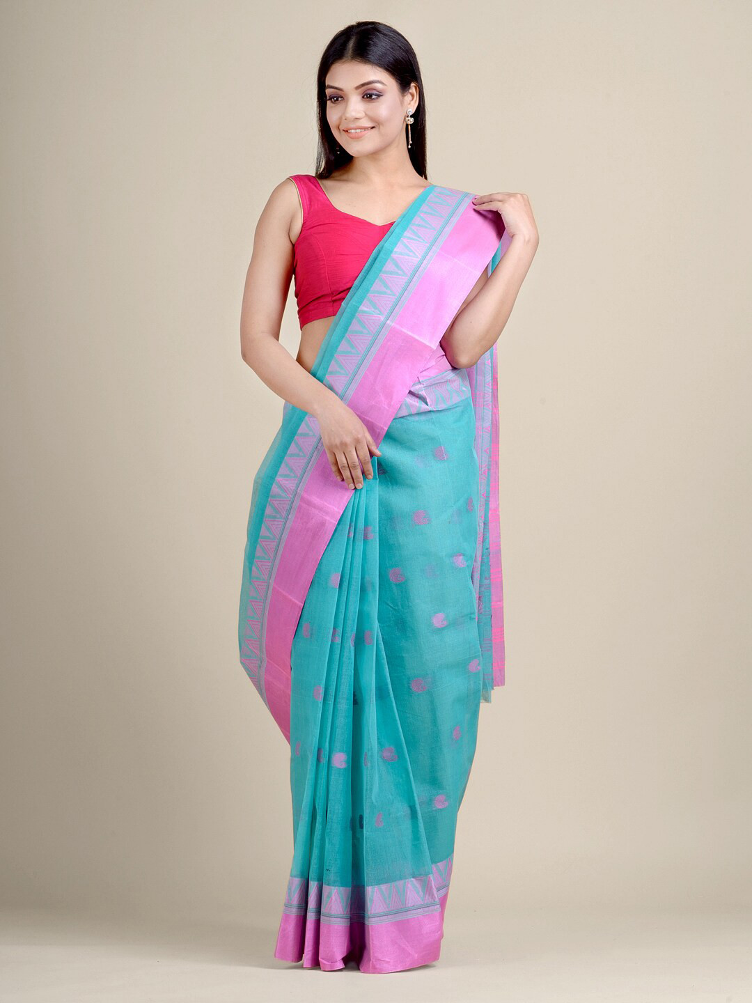 

Charukriti Blue & Pink Woven Design Pure Cotton Handloom Taant Saree
