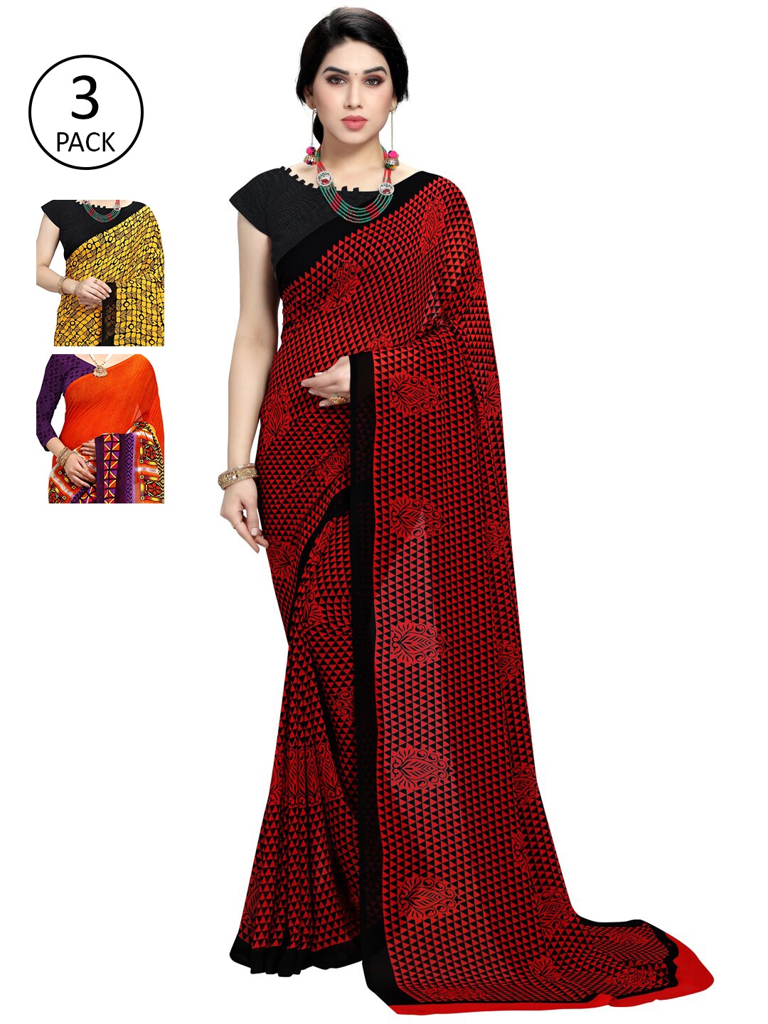 

KALINI Pack of 3 Orange & Red Floral Saree