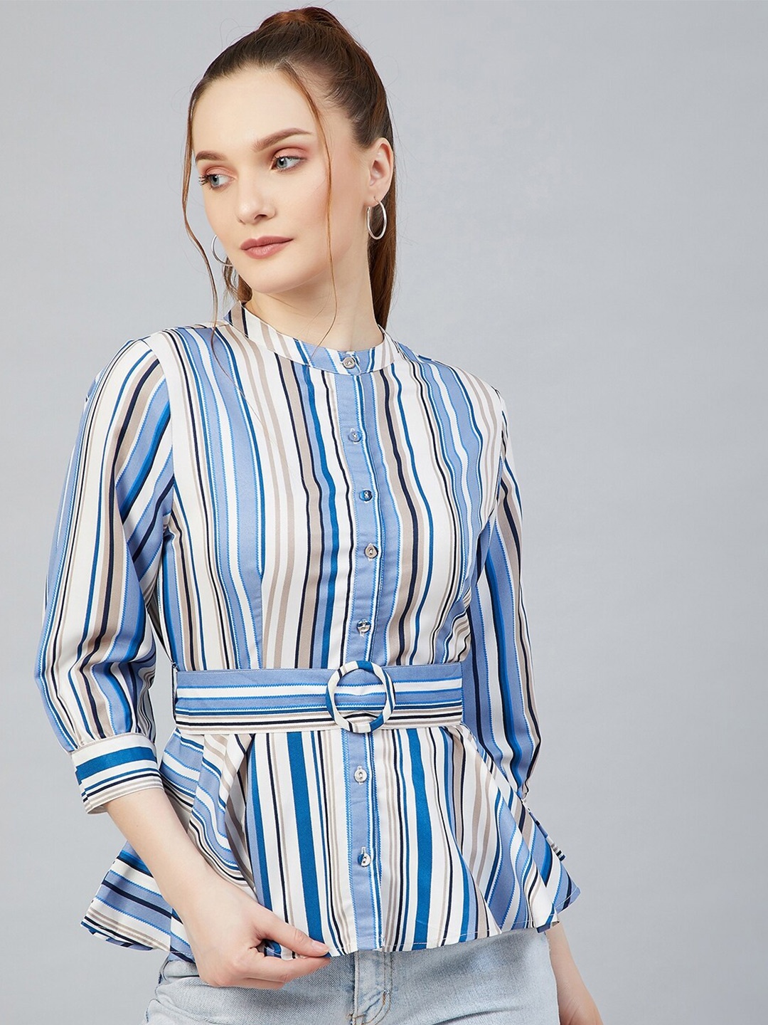 

Carlton London Blue Striped Mandarin Collar Belted Peplum Top