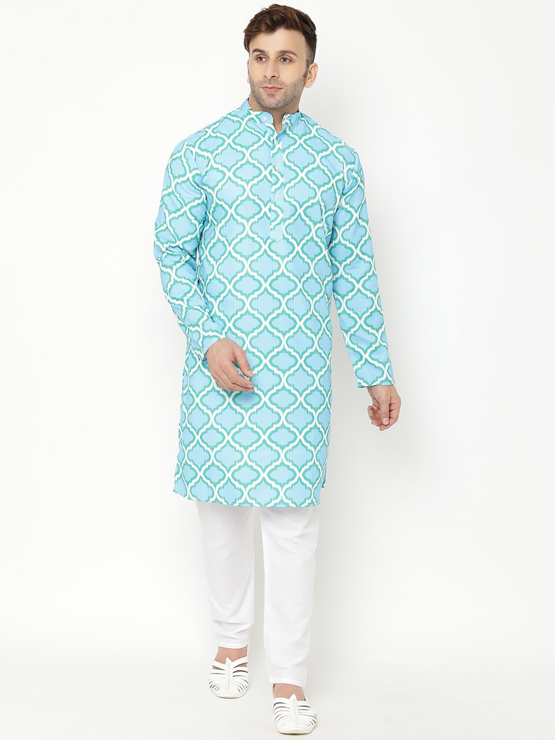 

Hangup Men Blue & White Printed Kurta with Pyjamas