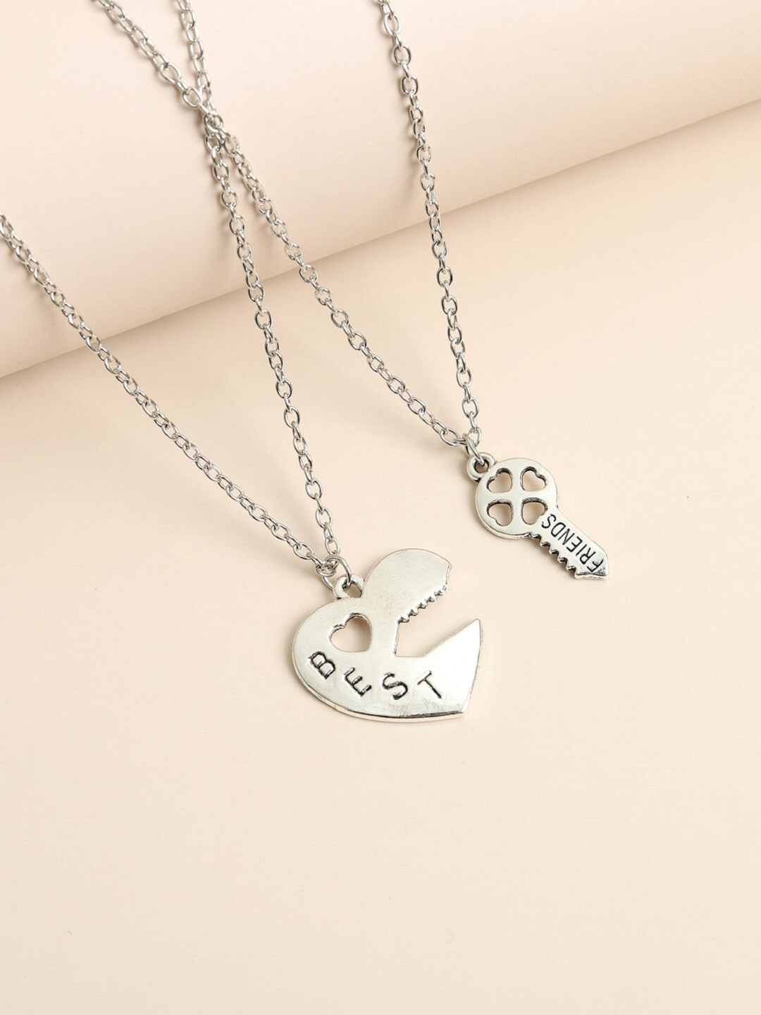 

OOMPH Set Of 2 Silver-Toned Heart Key Two Piece Best Friends Stainless Steel Couple Pendants