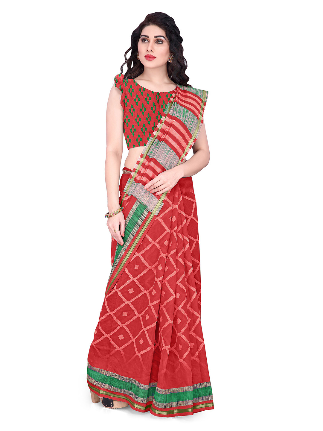 

KALINI Women Red Geometric Patterned Saree