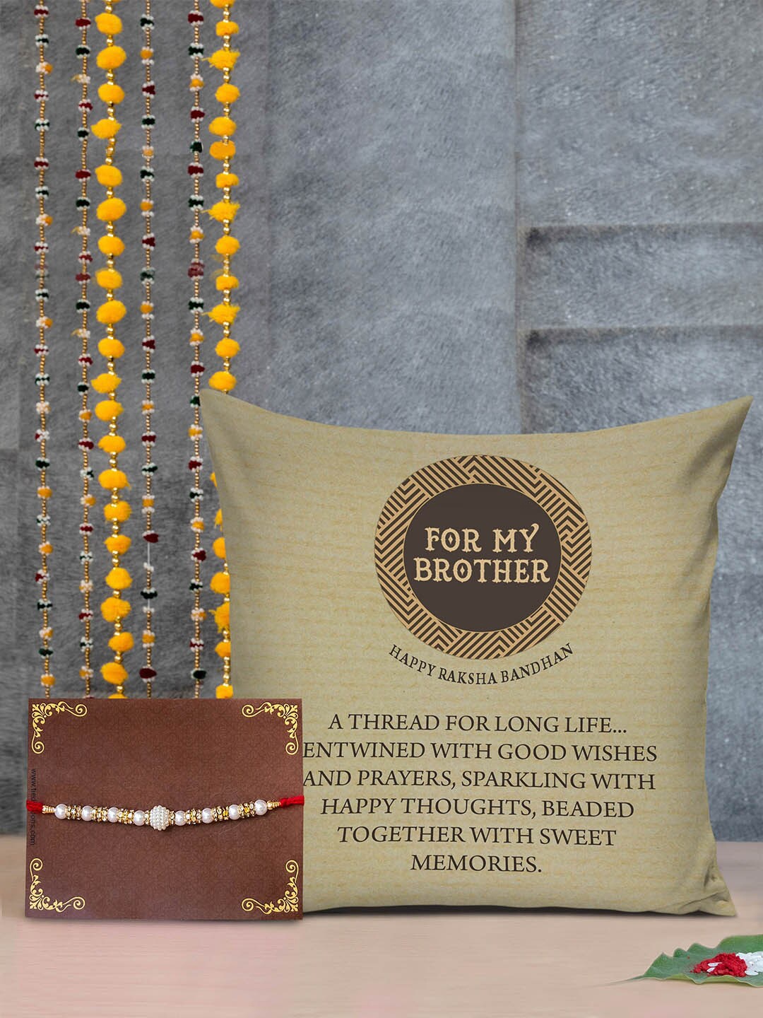

TIED RIBBONS Brown & White Cushion & Rakhi Gift Set