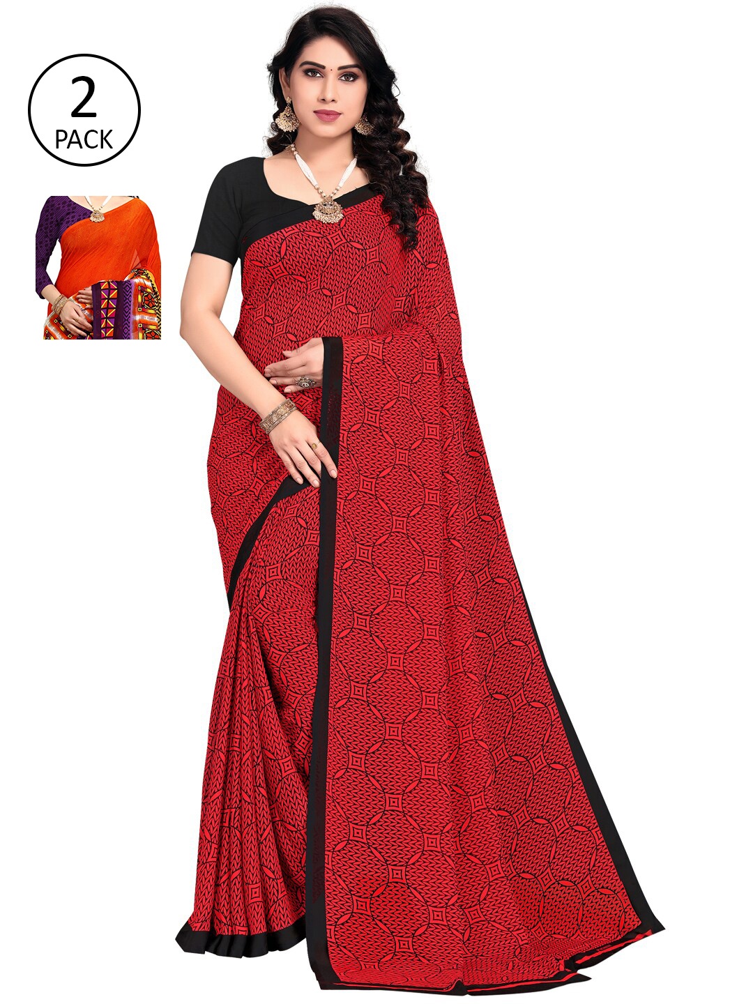 

KALINI Pack of 2 Orange & Red Saree