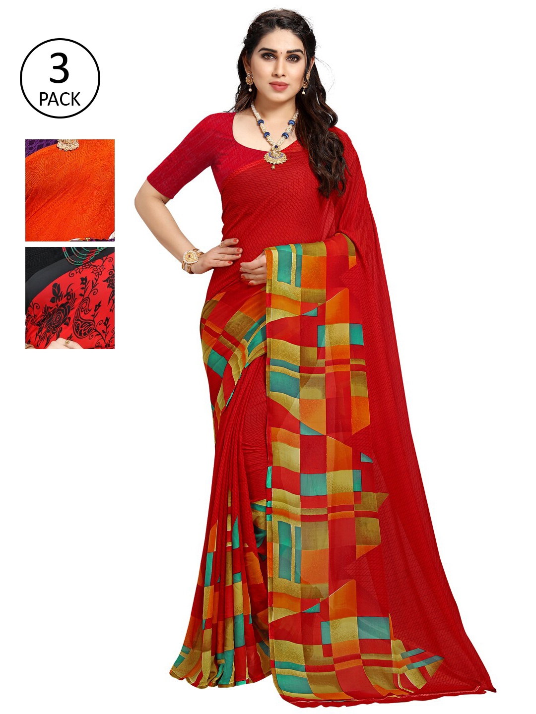 

KALINI Multicoloured Set of 3 Poly Georgette Saree, Multi
