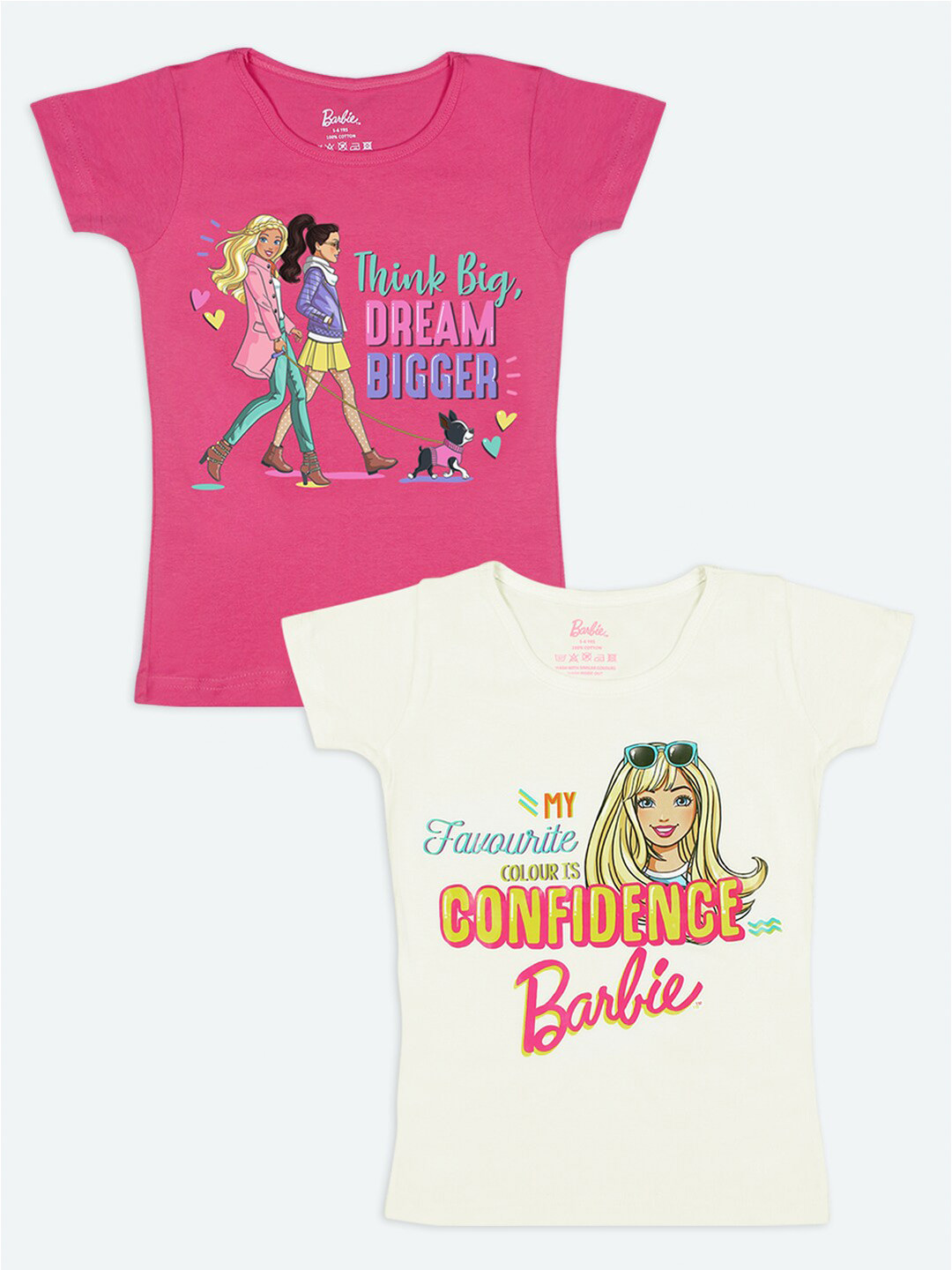 

Barbie Girls Pink Cream-Coloured 2 Barbie Printed Cotton Pure Cotton T-shirts