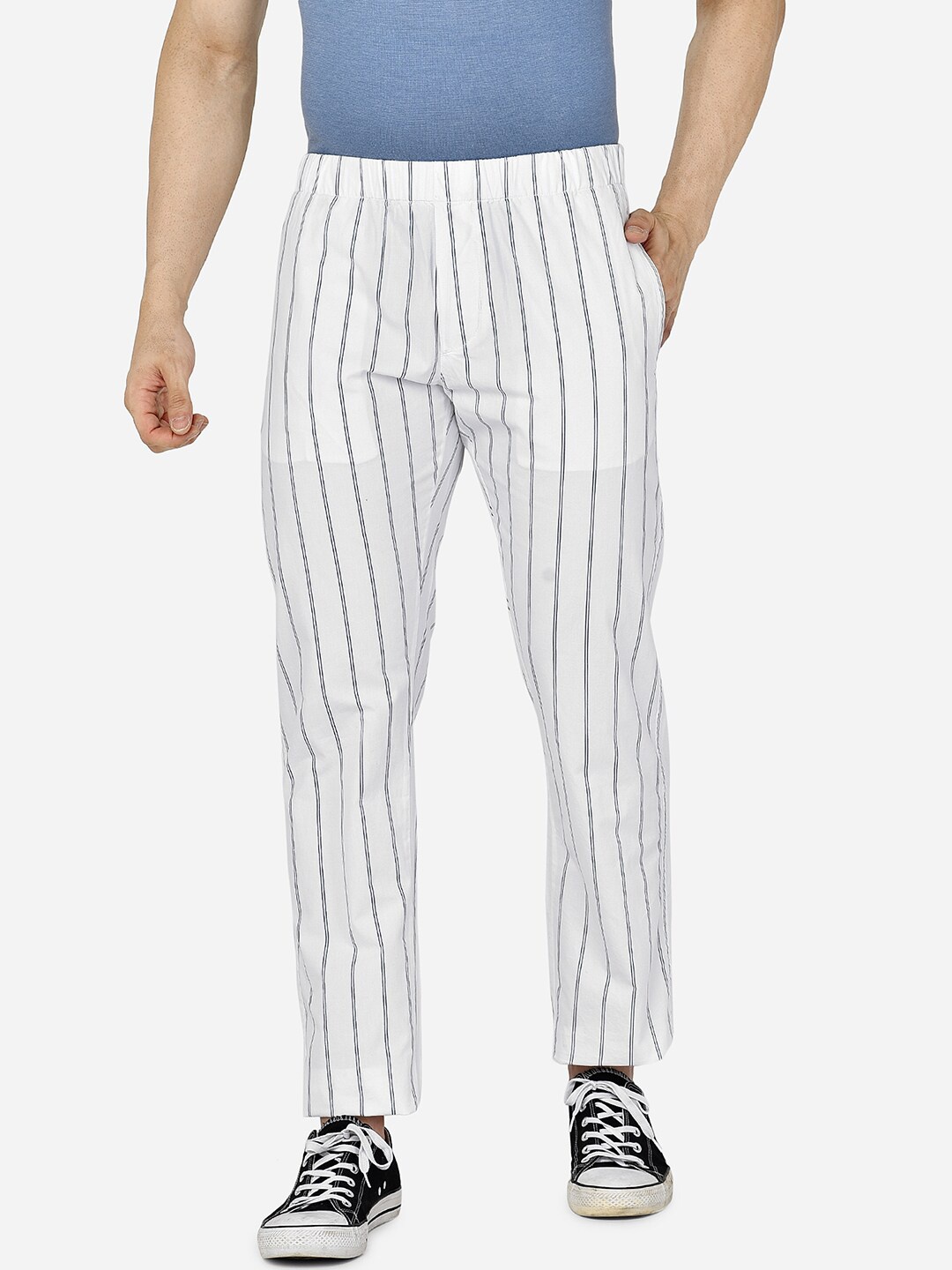 

beevee Men White & Black Striped Straight-Fit Pure Cotton Track Pants