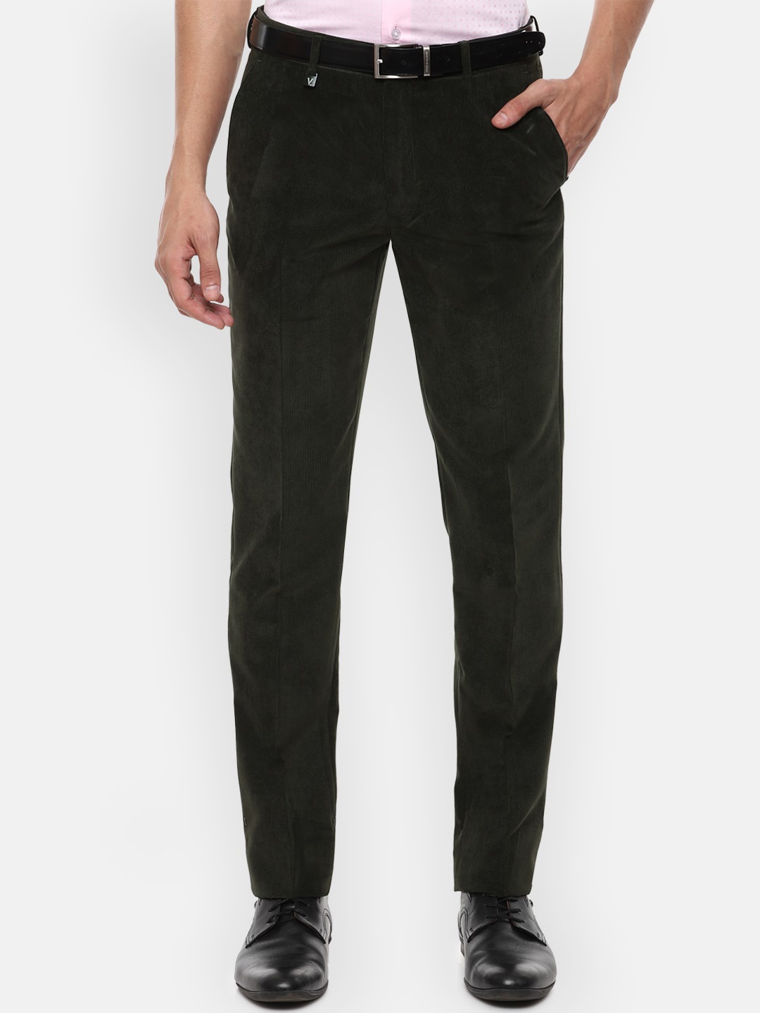 

V Dot Men Olive Green Textured Skinny Fit Formal Trousers