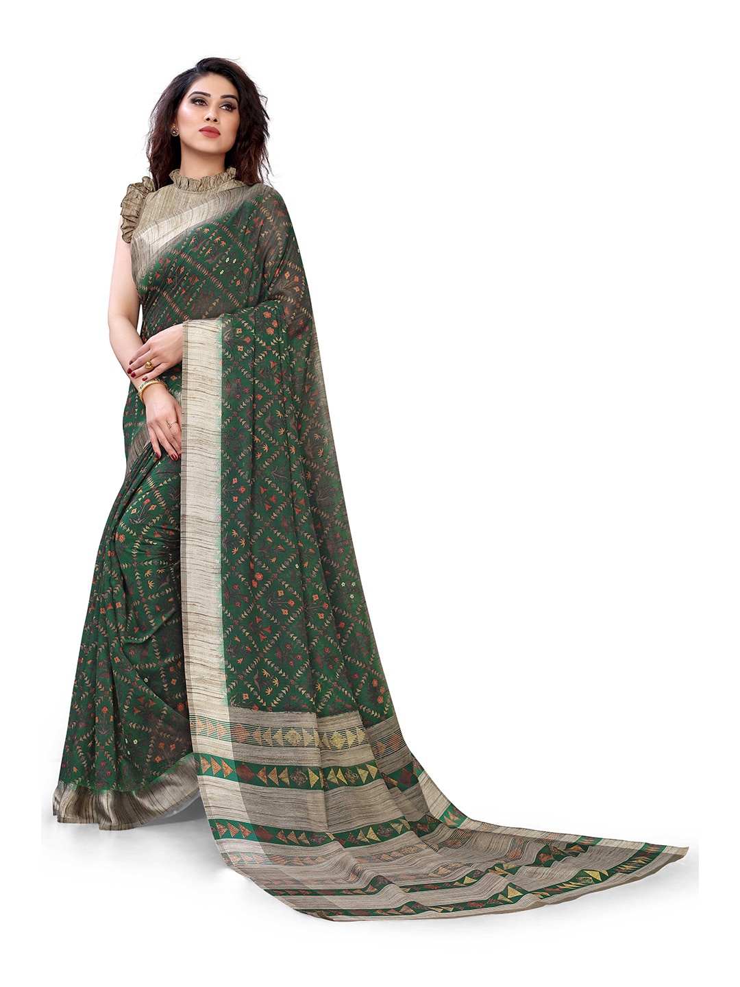 

KALINI Women Green & Beige Printed Cotton Saree