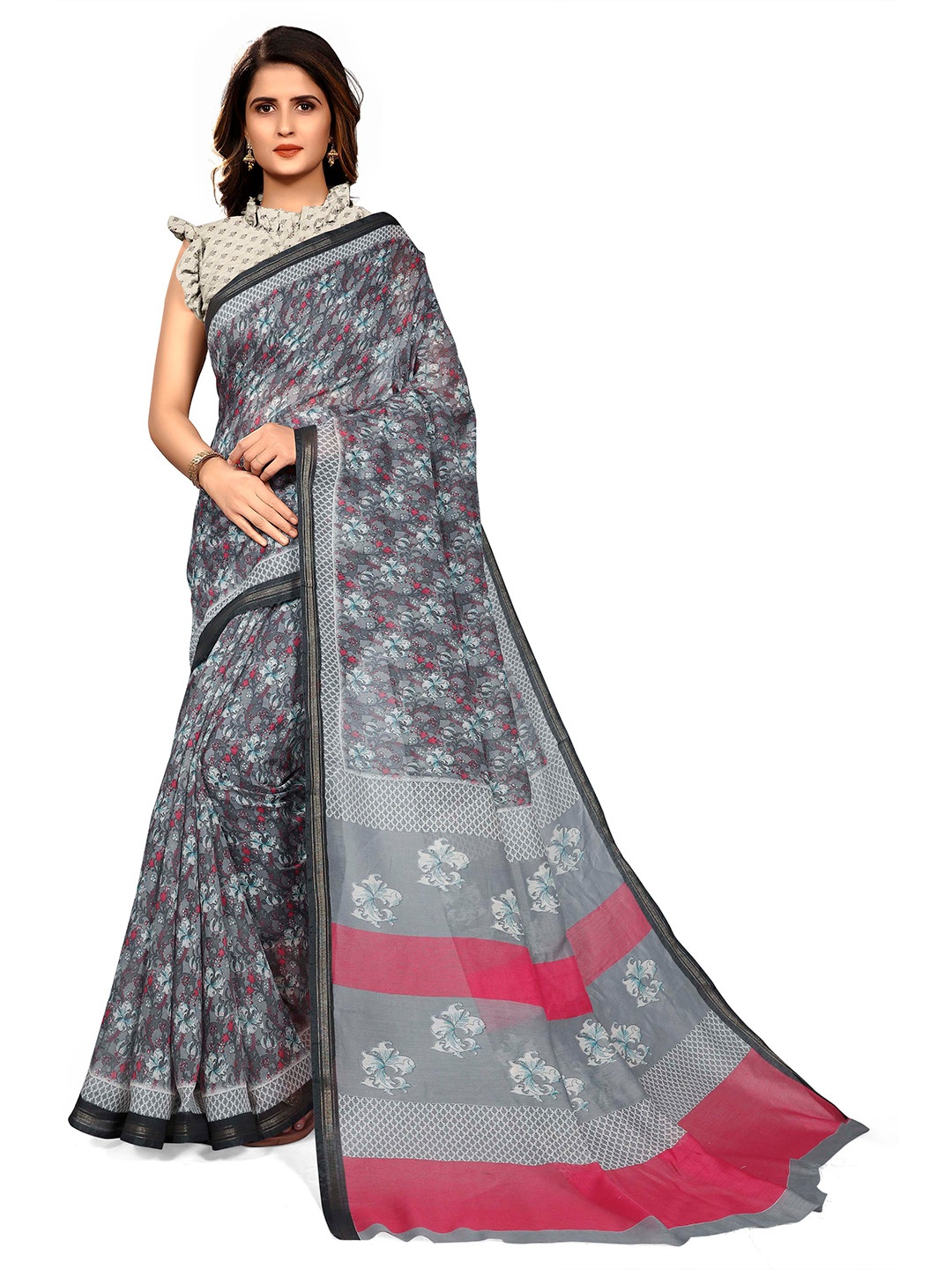 

KALINI Women Grey and Red Floral Printed Saree