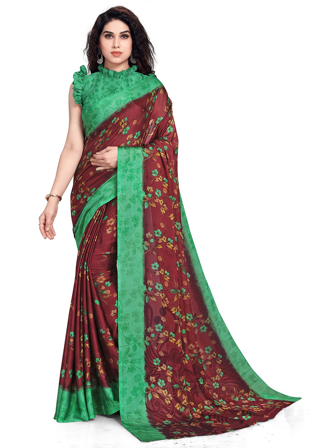 

KALINI Women Green & Brown Printed Chiffon Saree