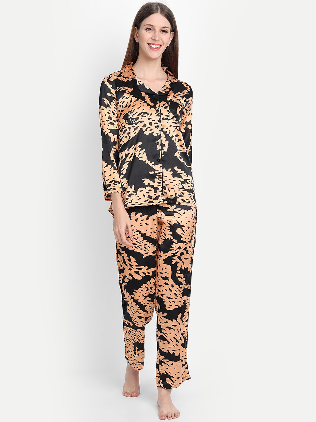 

IX IMPRESSION Women Black & Gold-Toned Printed Night suit