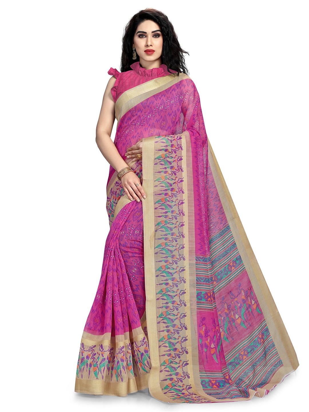 

KALINI Women Pink & Beige Tribal Print Cotton Saree