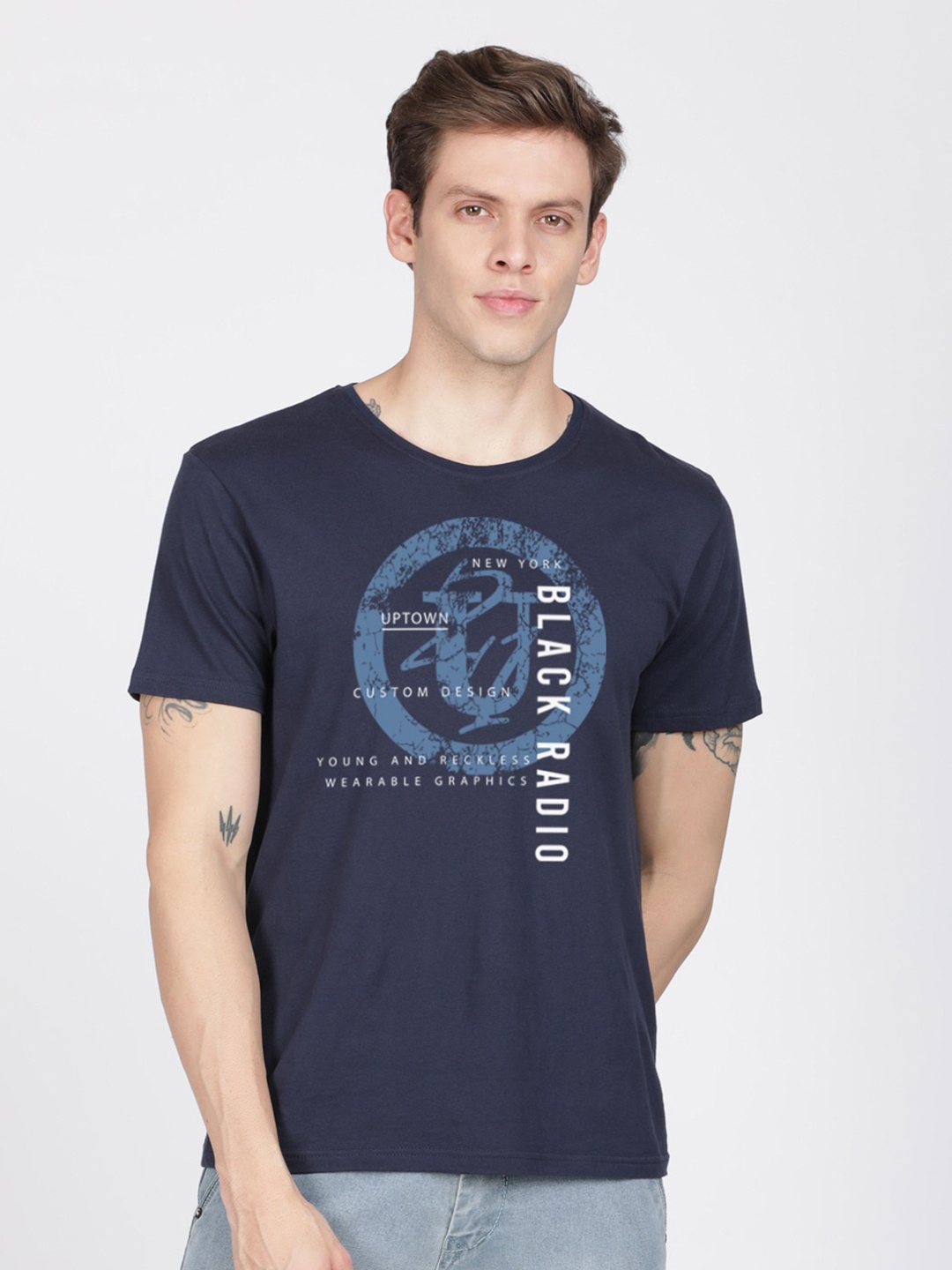 

MASH UNLIMITED Men Navy Blue Typography Printed Slim Fit T-shirt