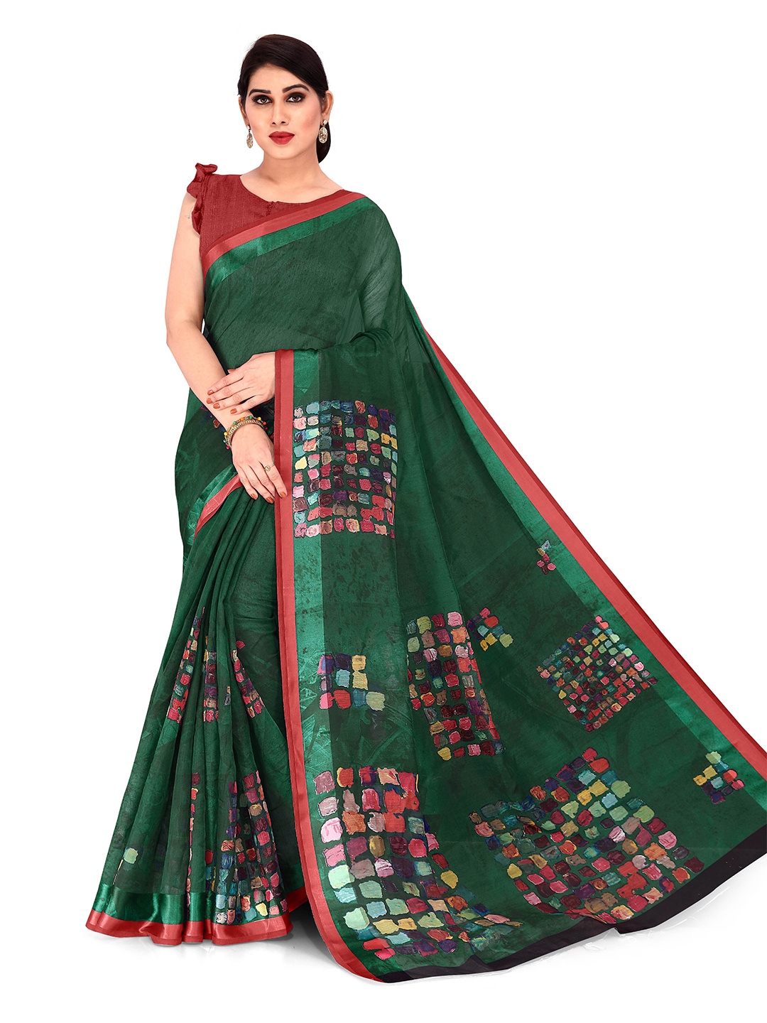 

KALINI Green Colourblock Block Printed Polycotton Saree