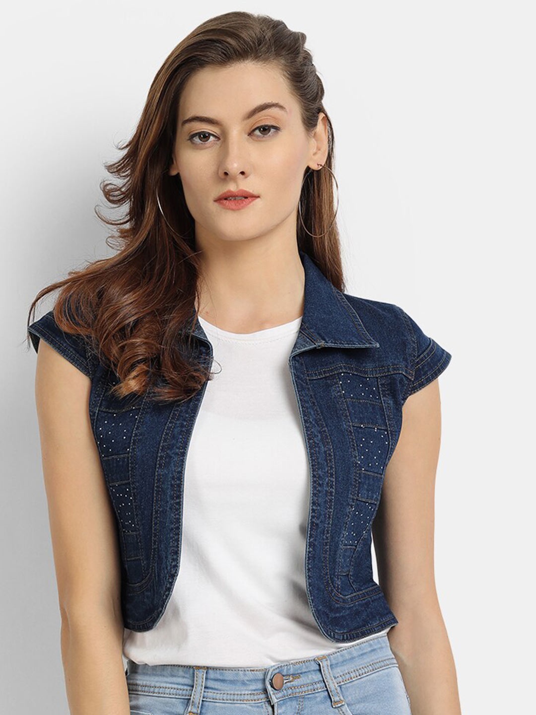 

River Of Design Jeans Women Blue Embellished Cotton Denim Crop Shrug