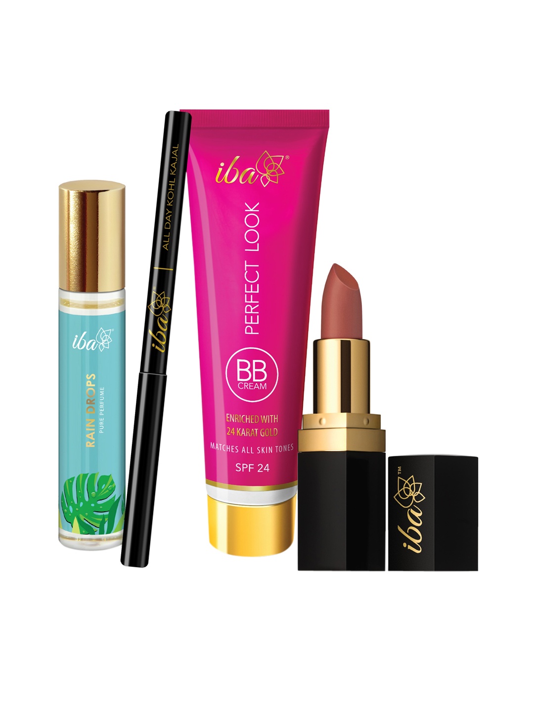 

Iba Set of 4 Bestsellers Bundle - Rain Drops Perfume - Kohl Kajal - BB Cream - Lipstick, Black