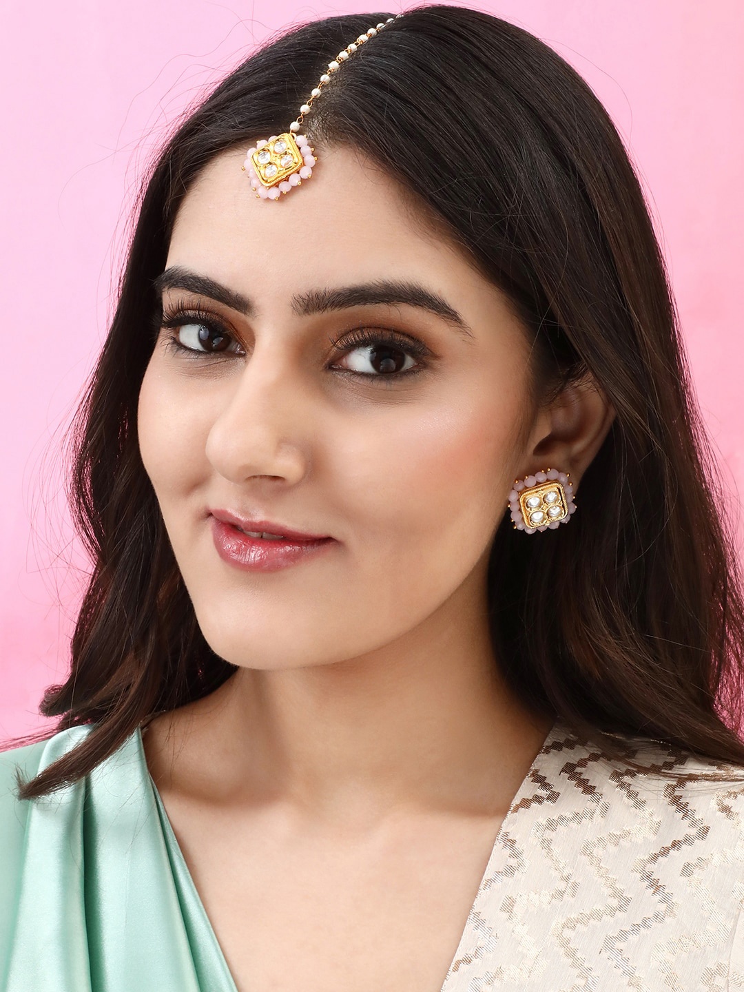 

Rubans Gold-Plated White & Pink Kundan-Studded Beaded Handcrafted Jewellery Set
