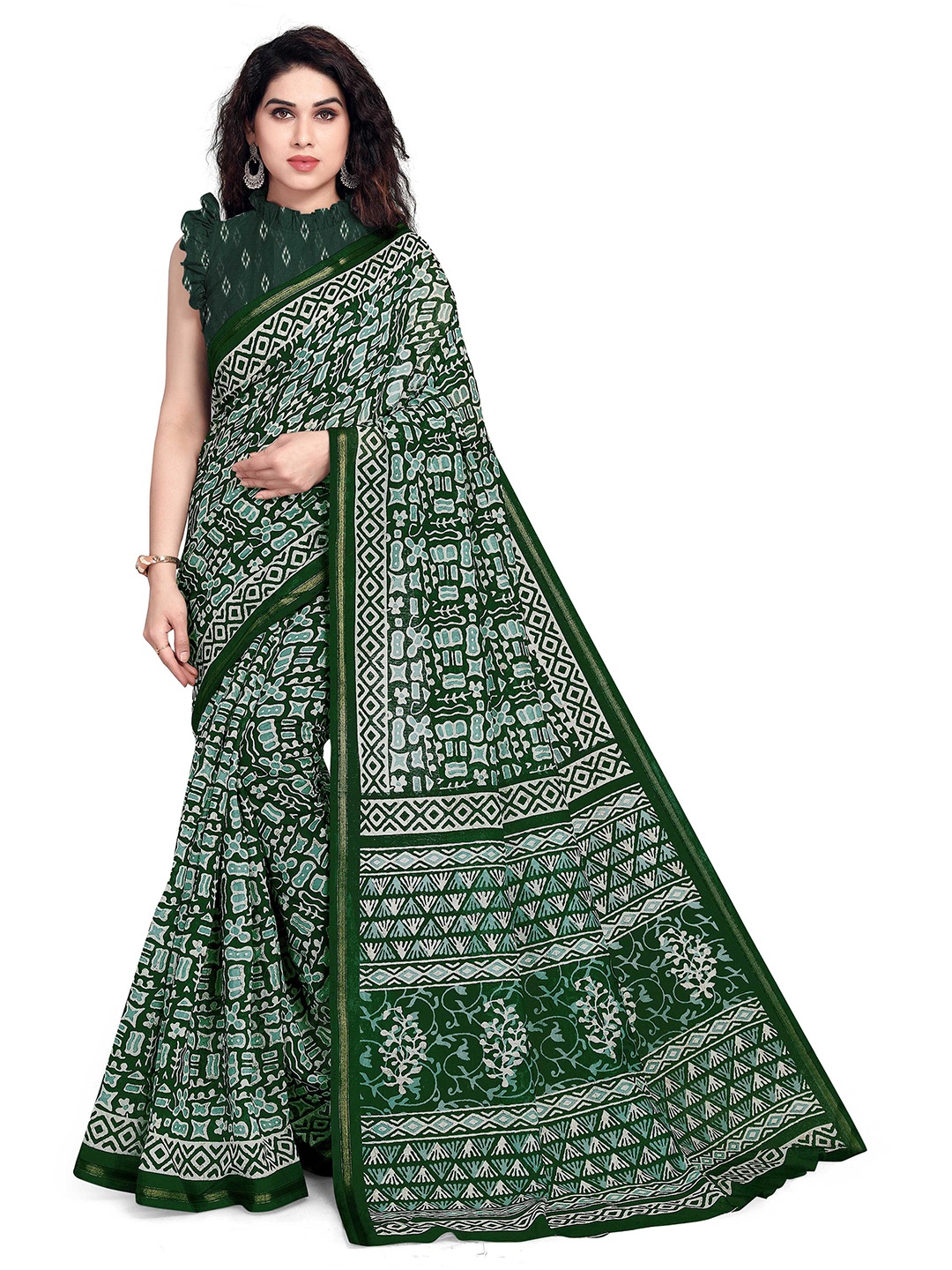 

KALINI Woman Green & White Zari Saree