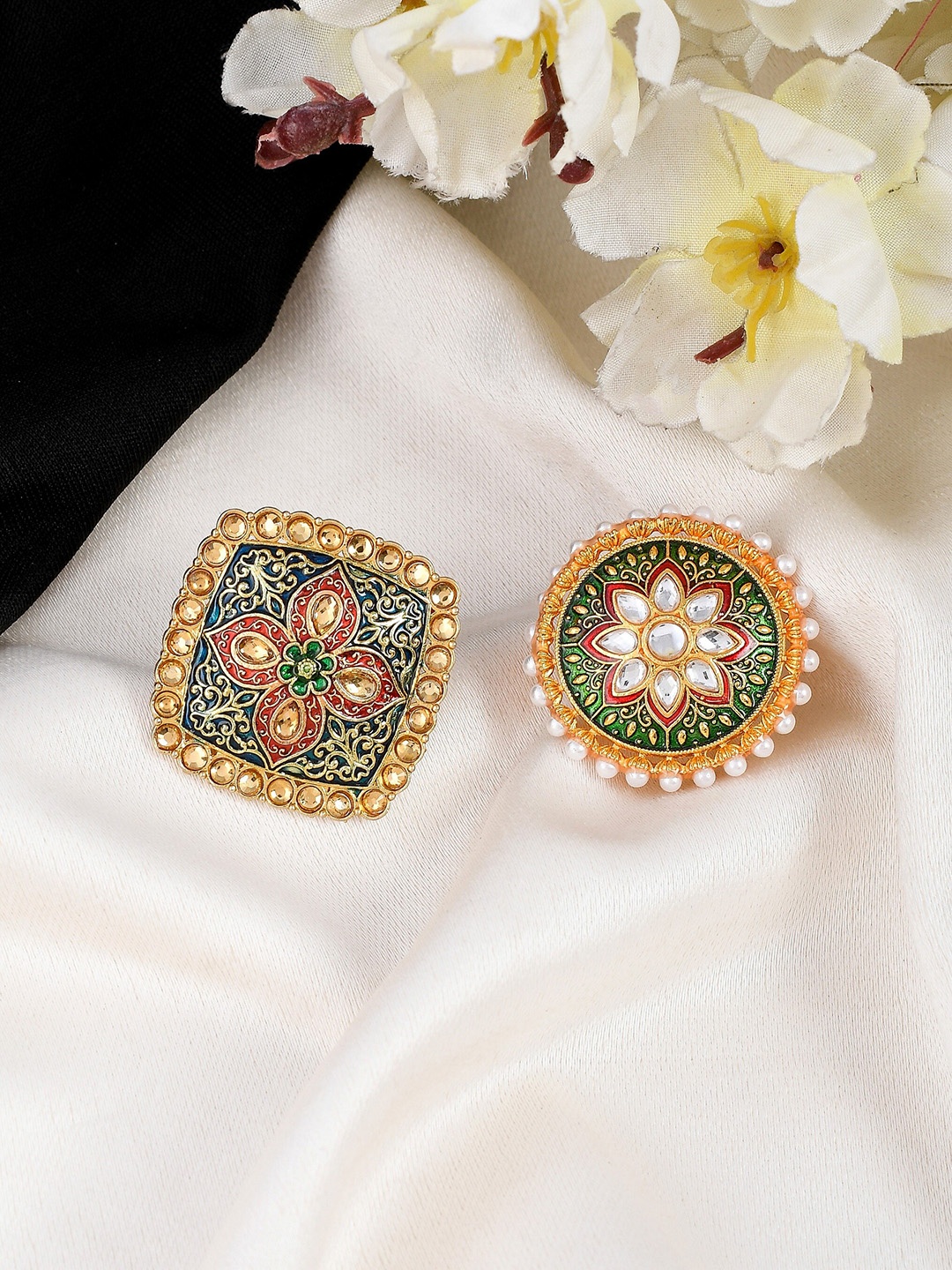 

Silvermerc Designs Set Of 2 Gold-Plated Kundan-Studded Meenakari Finger Ringss
