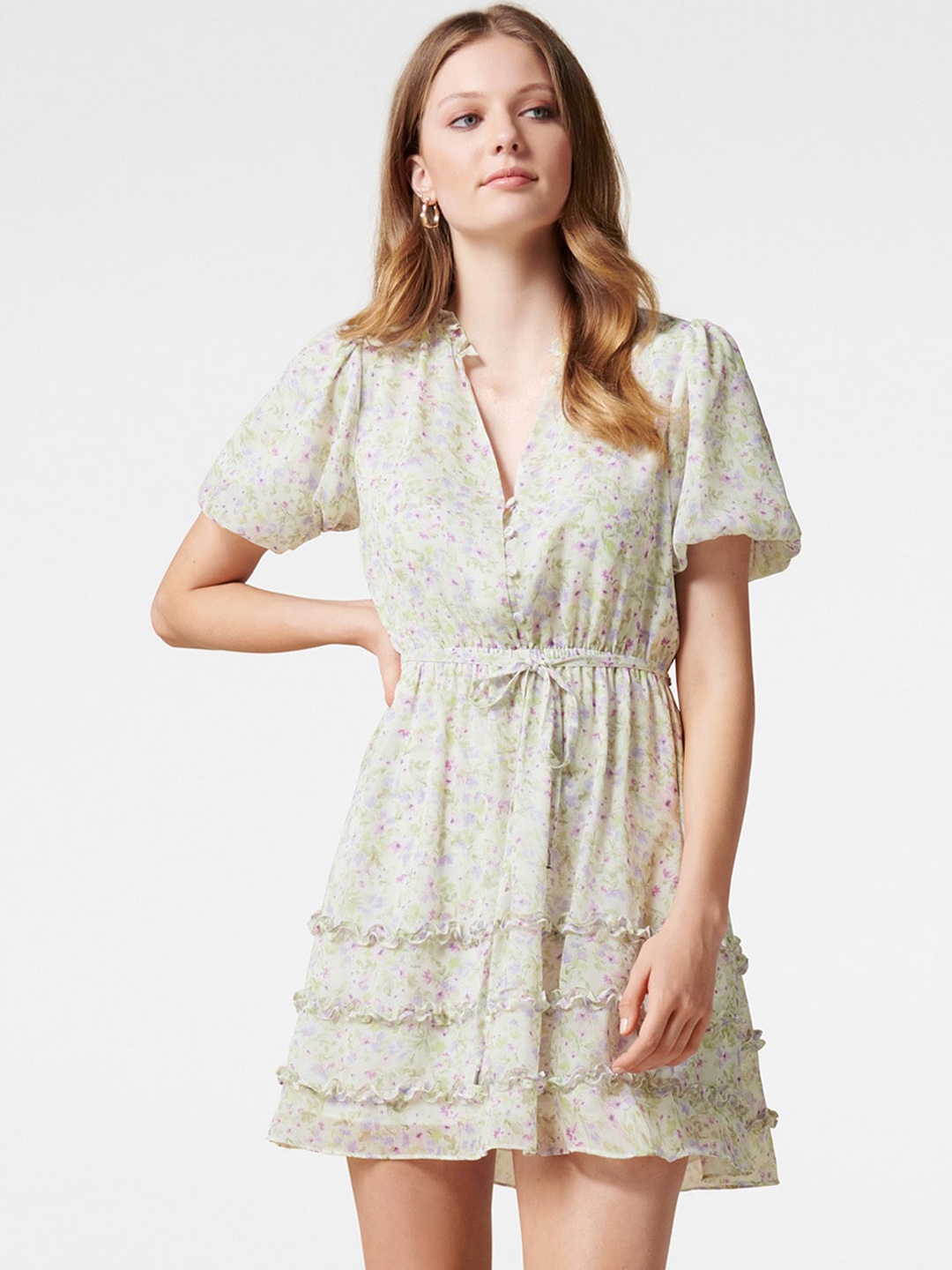

Forever New Green & Lavender Above-Knee Ruffle Floral Dress