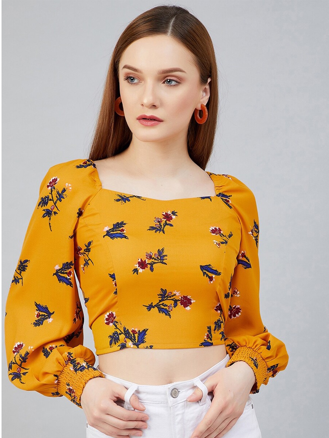 

RARE Mustard Yellow Floral Crepe Regular Crop Top