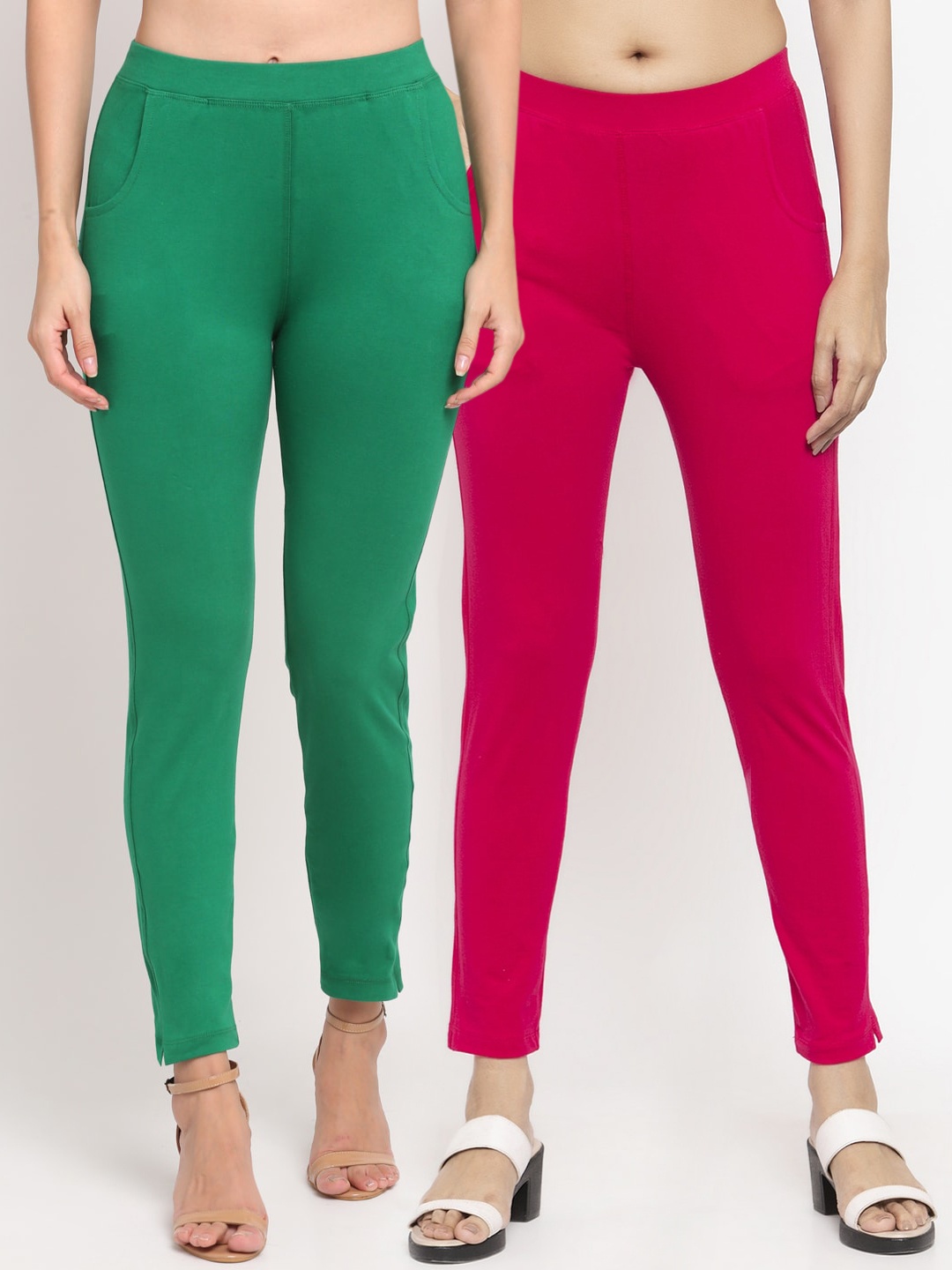 

NEUDIS Women Pack Of 2 Solid Ankle-Length Straight-Fit Leggings, Green