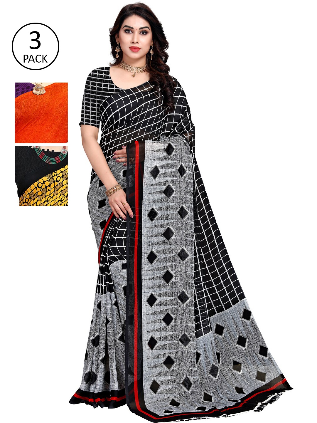 

KALINI Pack of 3 Yellow & Black Poly Georgette Sarees